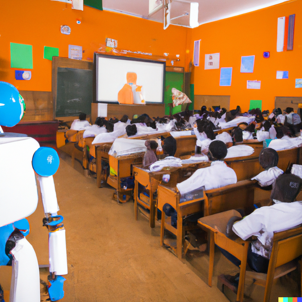 a picture of a robot computer teaching a large auditorium of african students