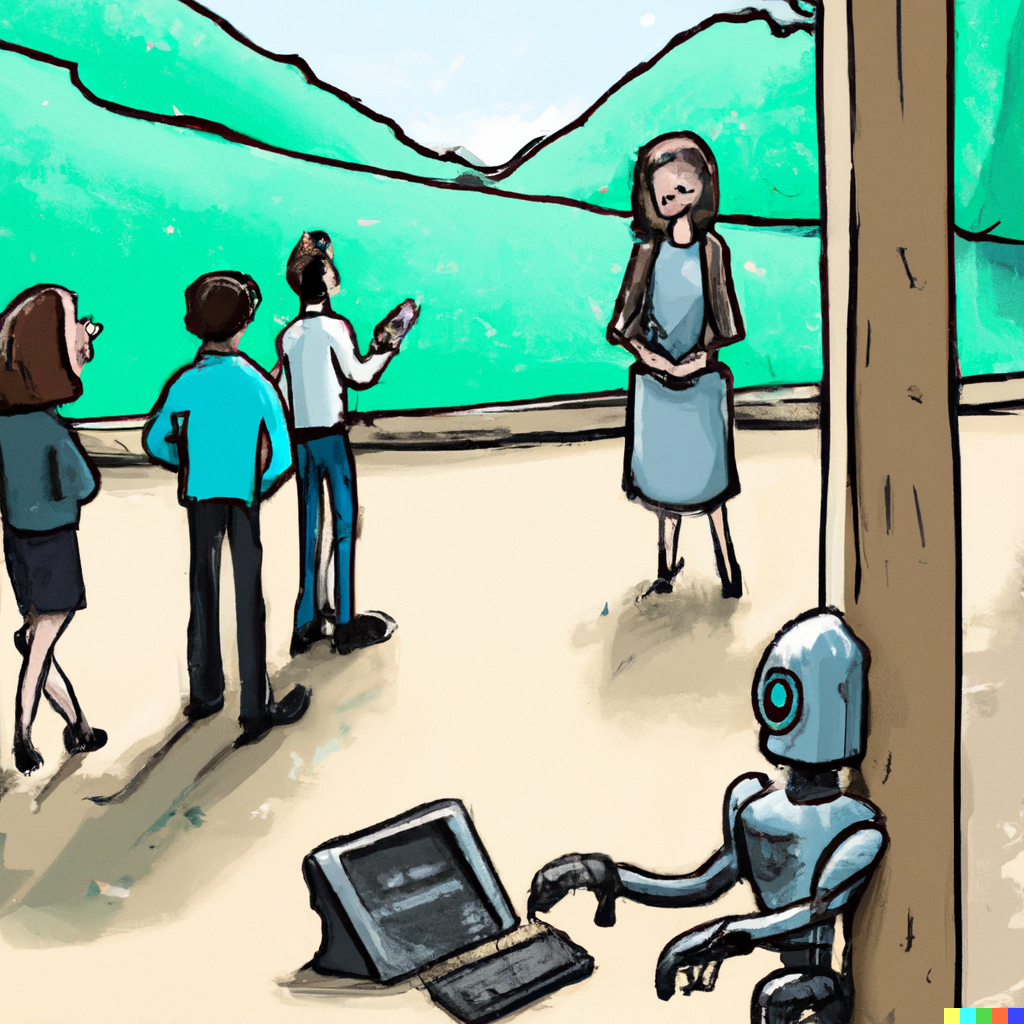 a picture of teachers enjoying the outdoors while the AI robots do all the administration computer work.