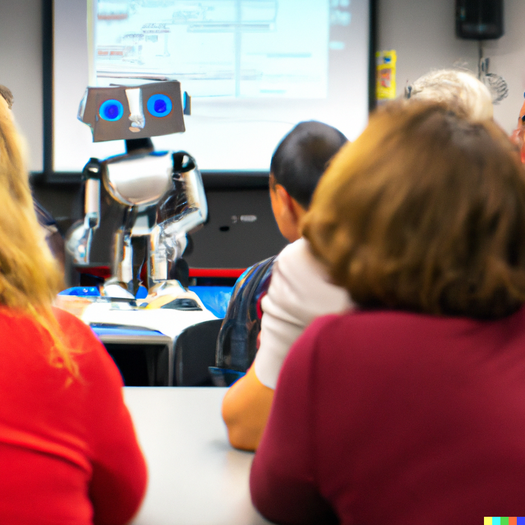 an artificial intelligence robot teaching a class of students.