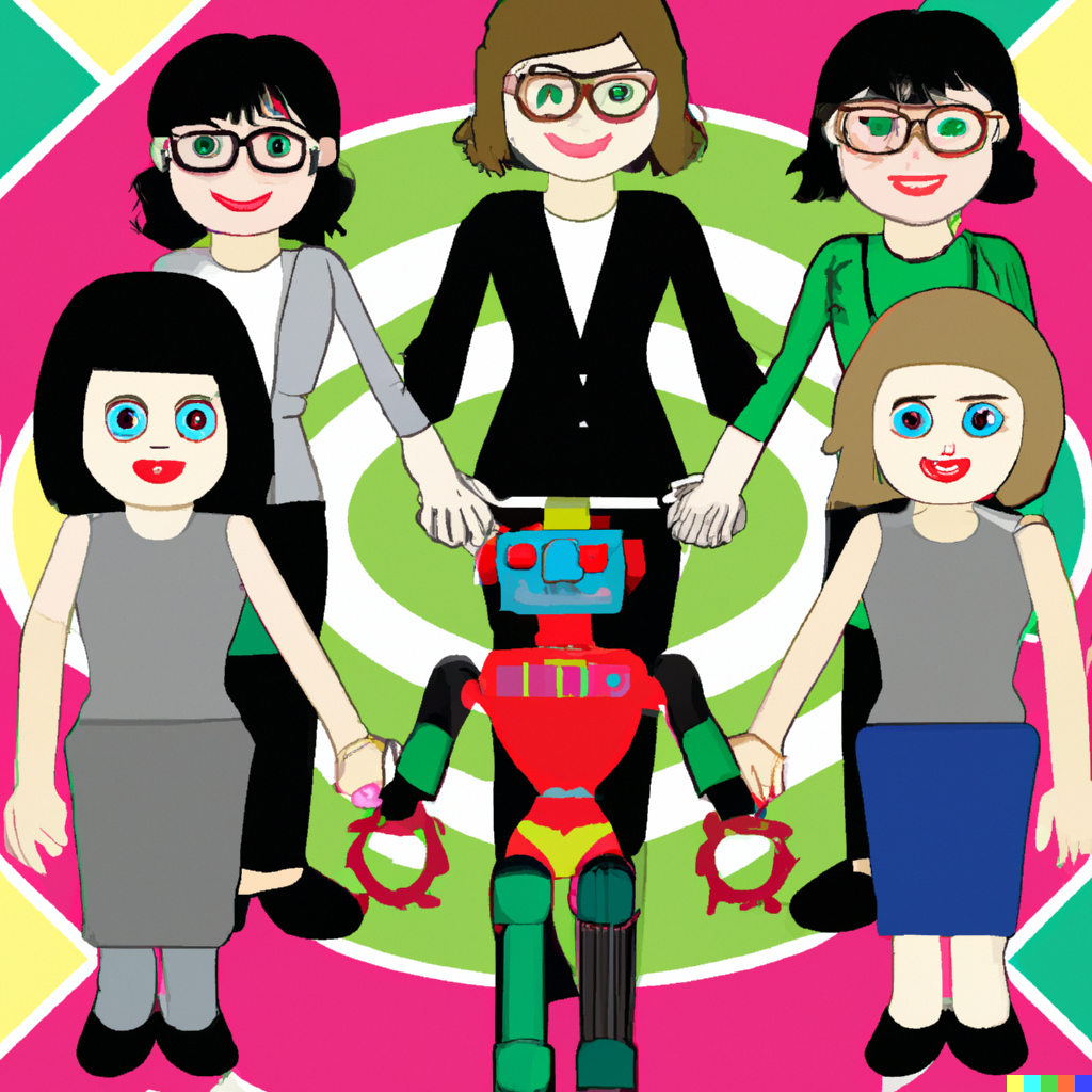 a circle of teachers and robots holding hands and smiling pop art